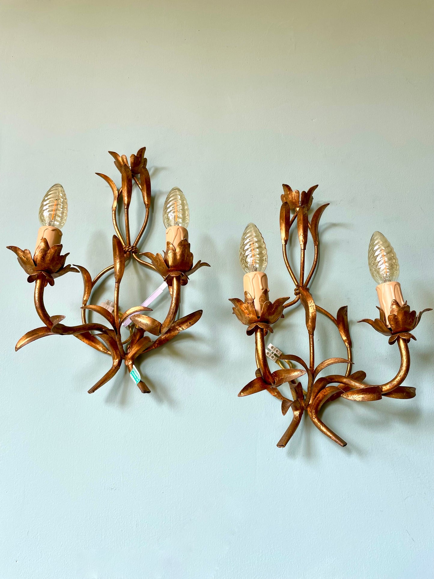 Pair of 1940s French Gilt Tole Wall Lights