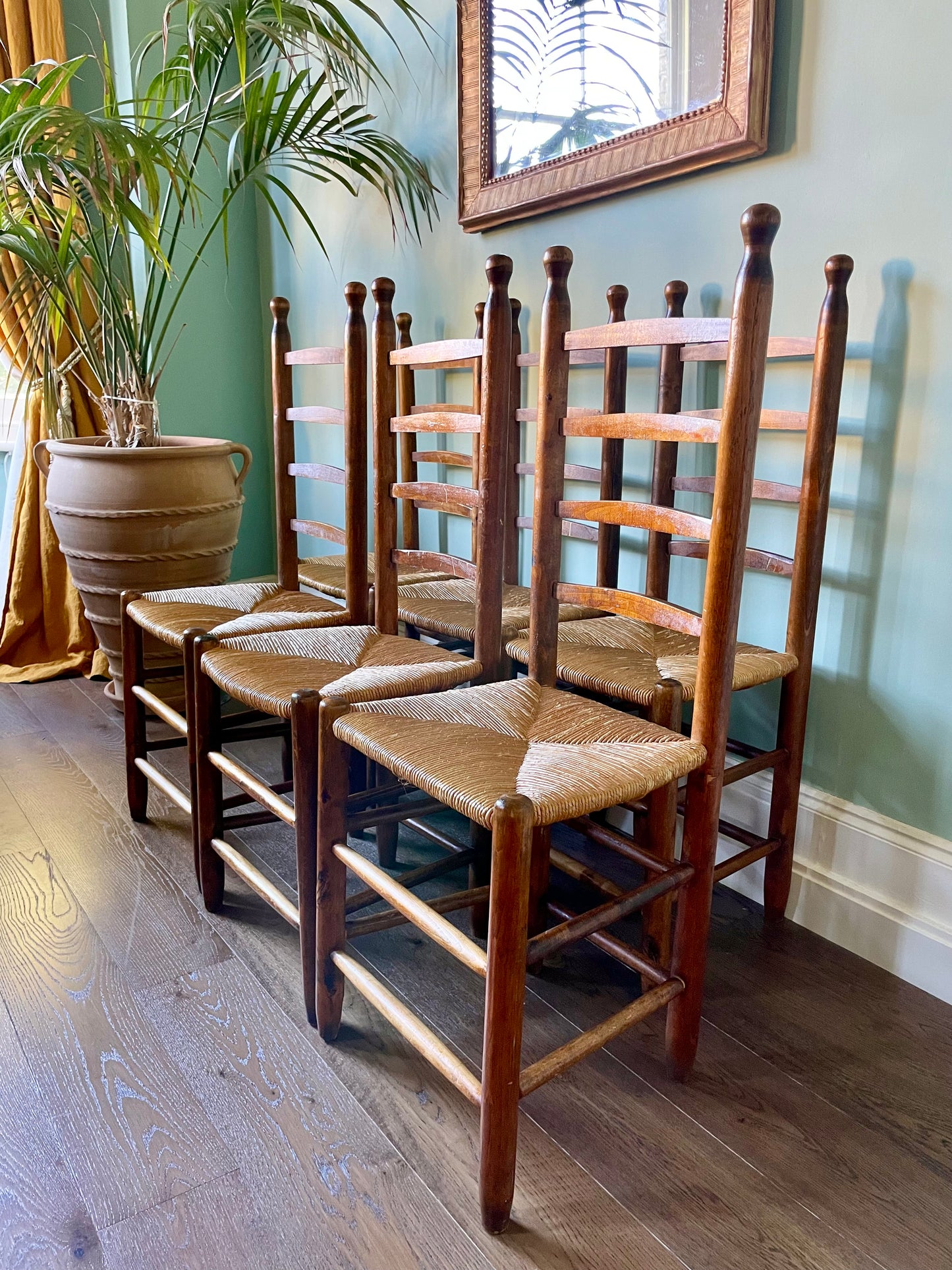 Six 1940s French Farmhouse Rush Seat Dining Chairs