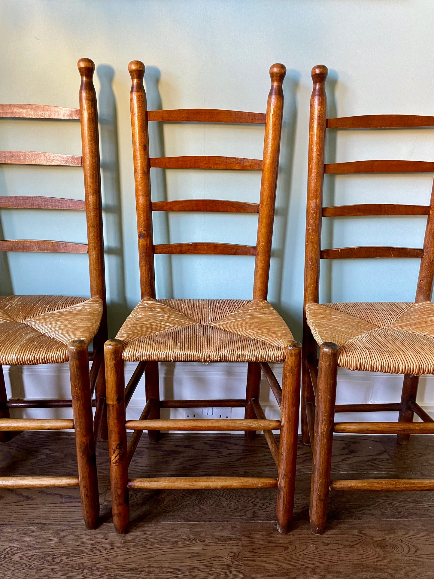 Six 1940s French Farmhouse Rush Seat Dining Chairs