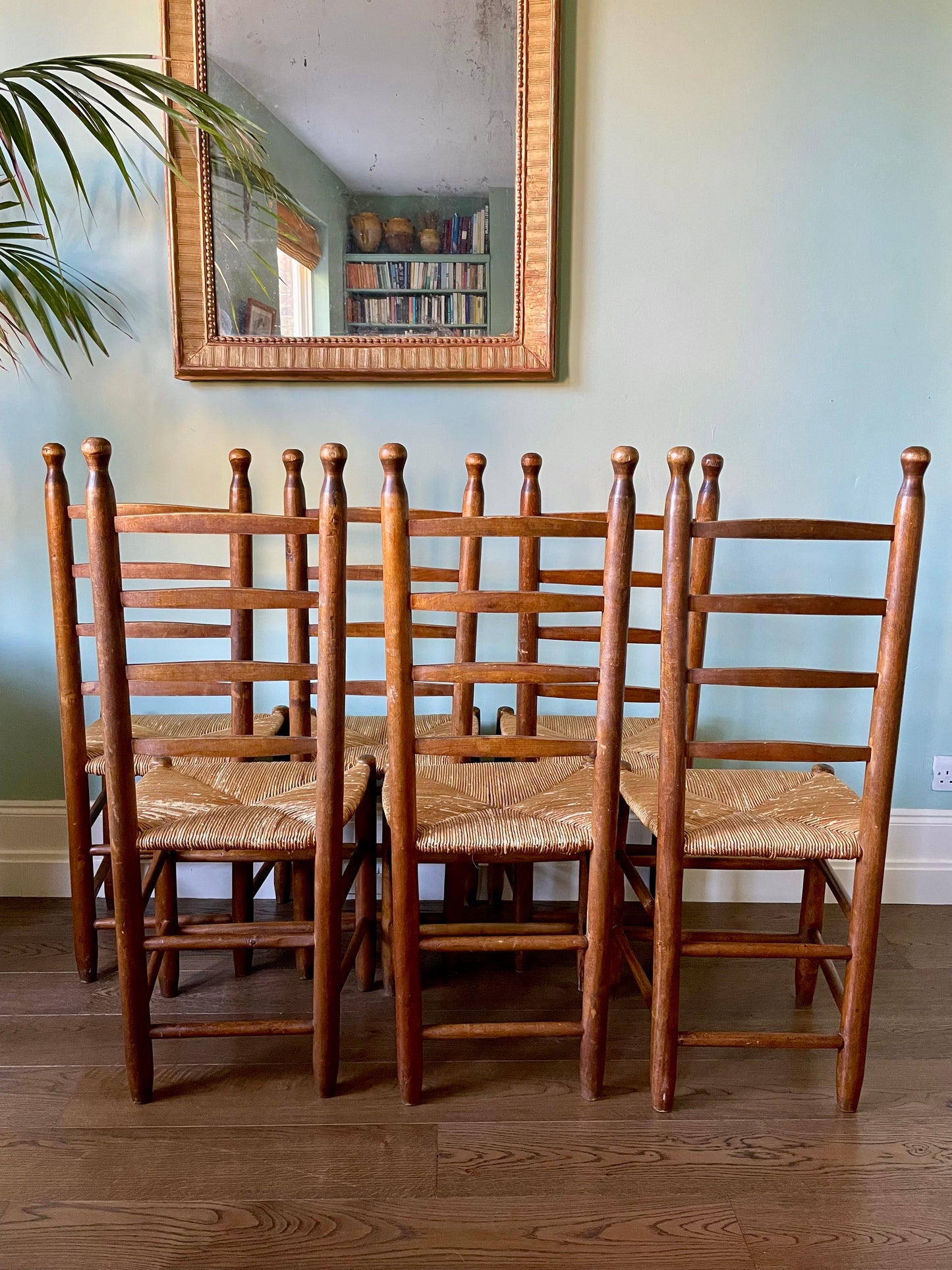 Six 1940s French Farmhouse Rush Seat Dining Chairs