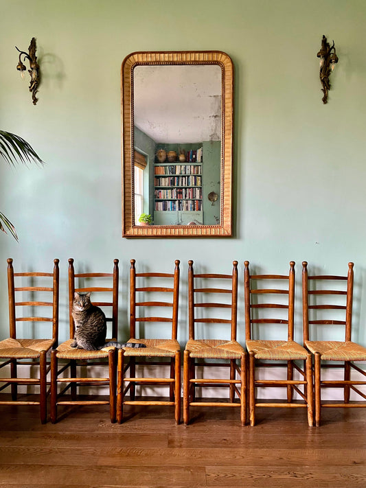 Six 1940s French Farmhouse Rush Seat Dining Chairs