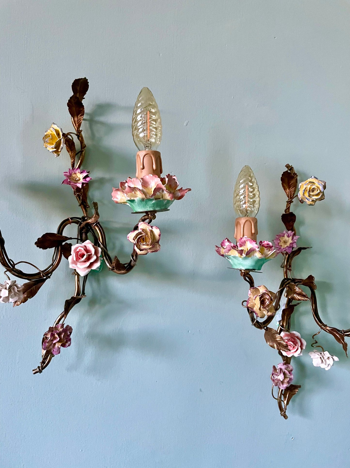 Late C19th French Gilt Tole & Porcelain Wall Lights