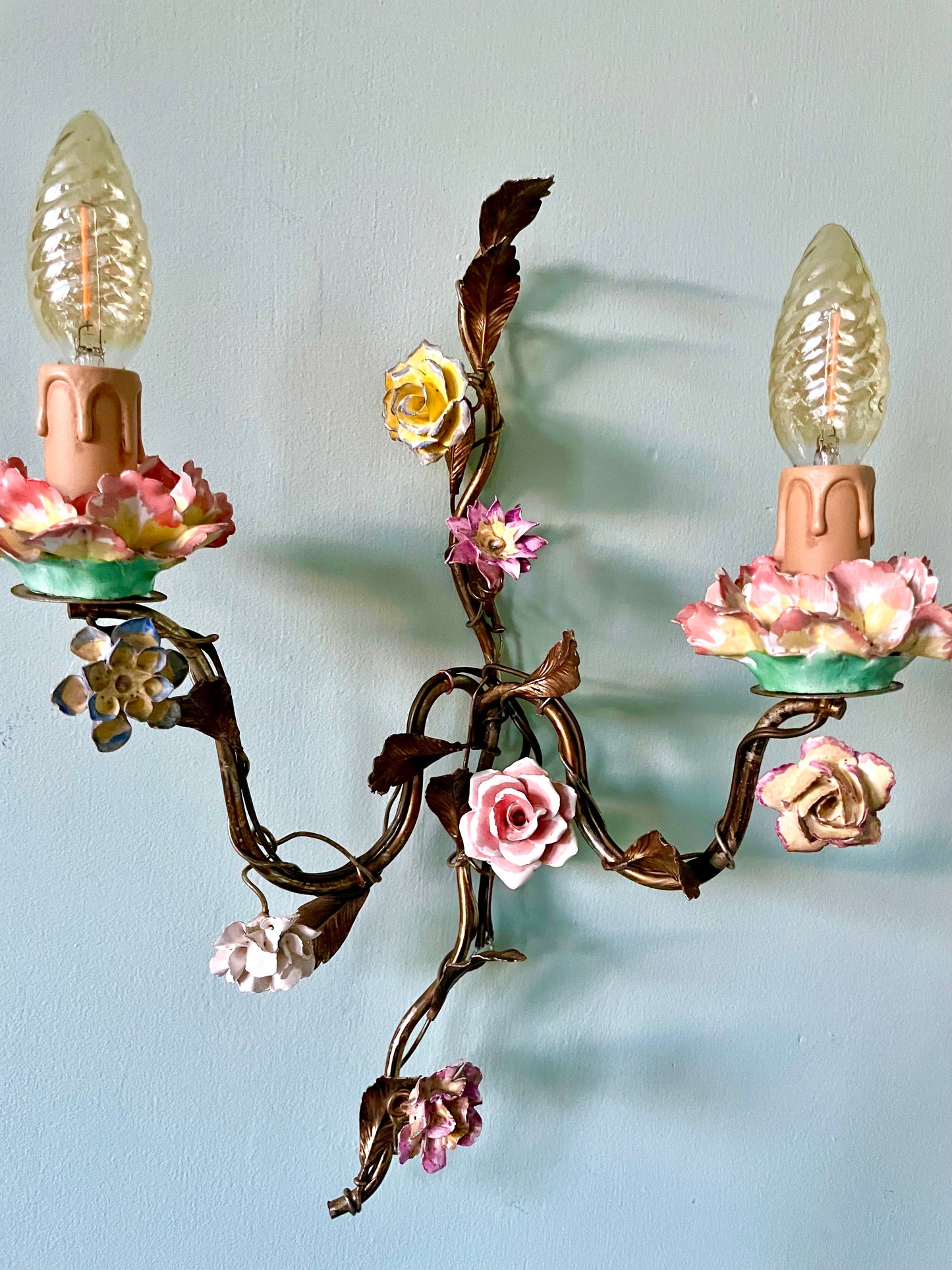 Late C19th French Gilt Tole & Porcelain Wall Lights