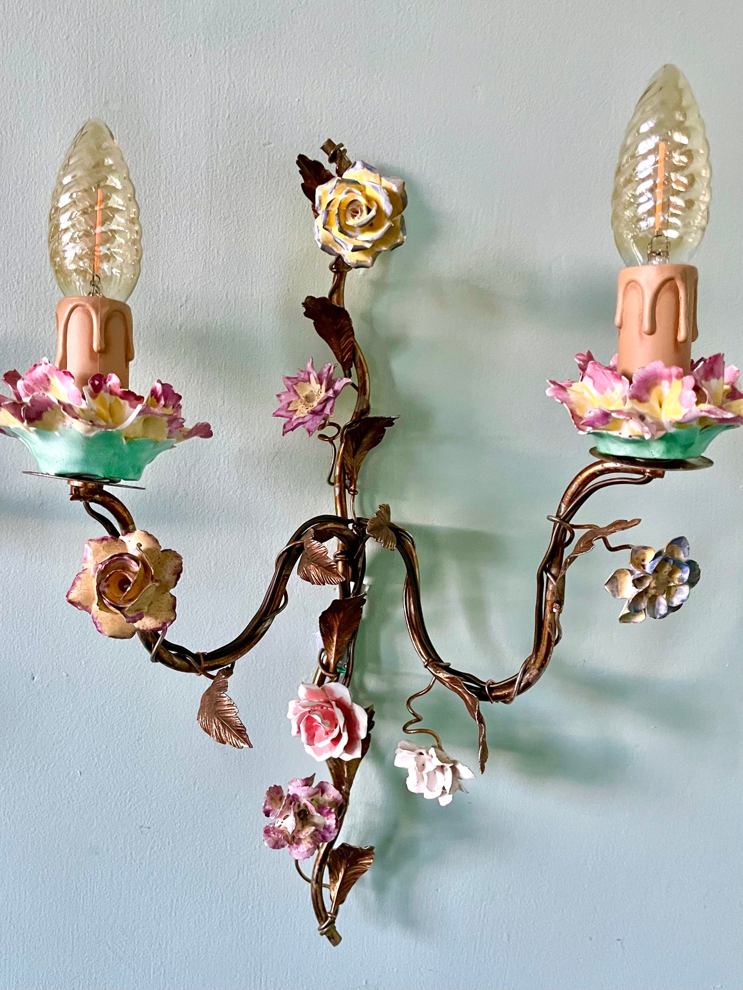 Late C19th French Gilt Tole & Porcelain Wall Lights