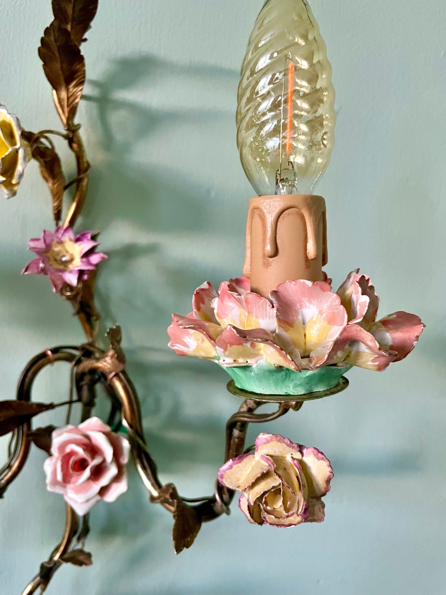 Late C19th French Gilt Tole & Porcelain Wall Lights