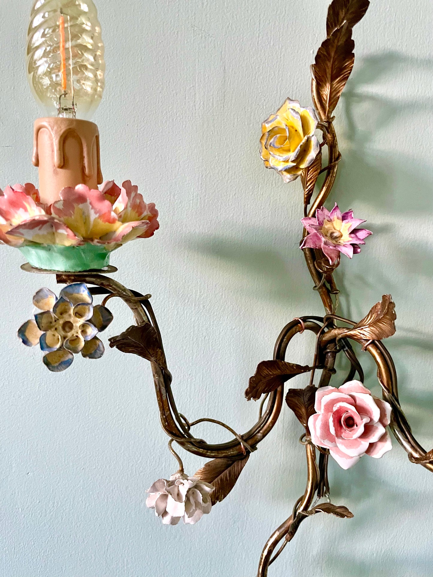 Late C19th French Gilt Tole & Porcelain Wall Lights