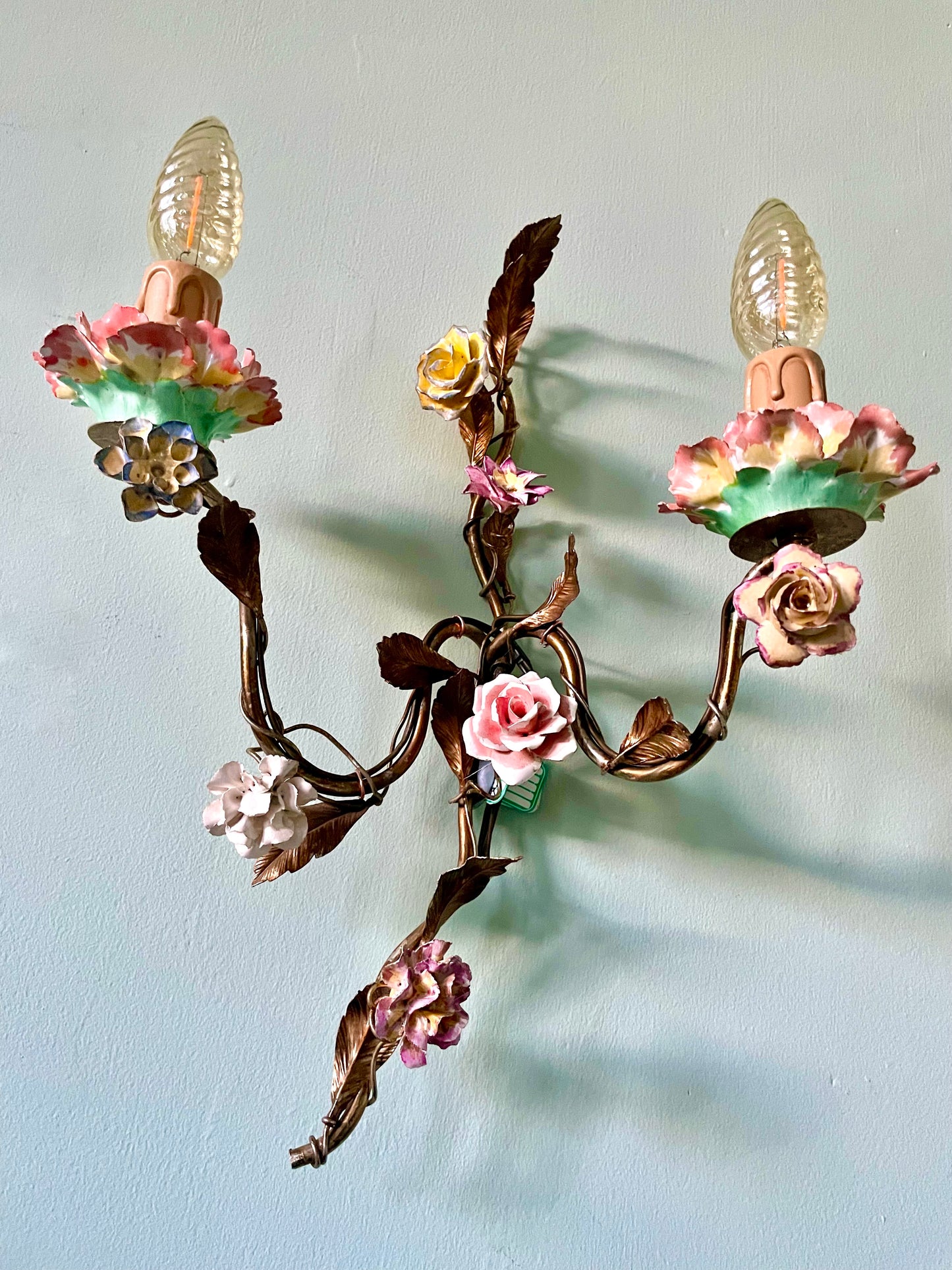 Late C19th French Gilt Tole & Porcelain Wall Lights