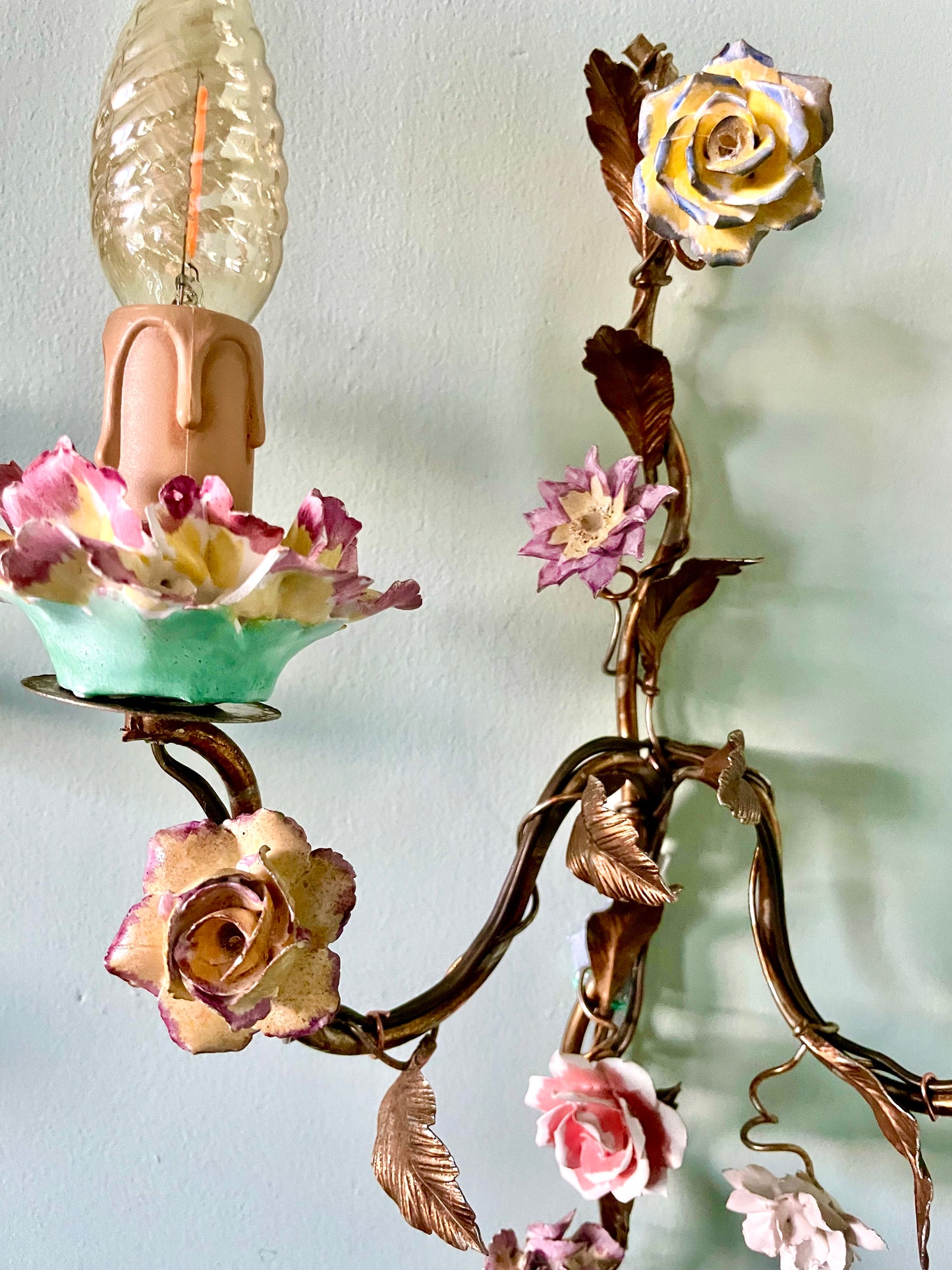 Late C19th French Gilt Tole & Porcelain Wall Lights