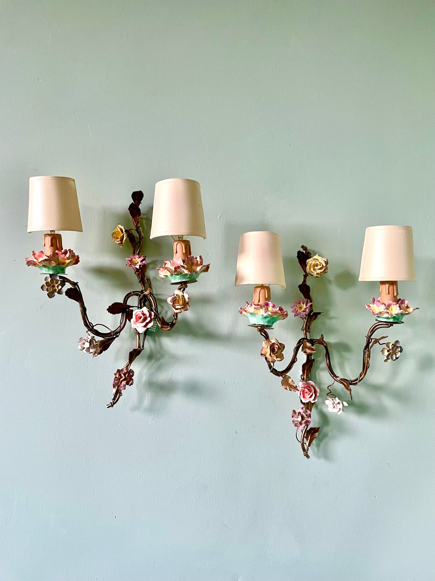 Late C19th French Gilt Tole & Porcelain Wall Lights