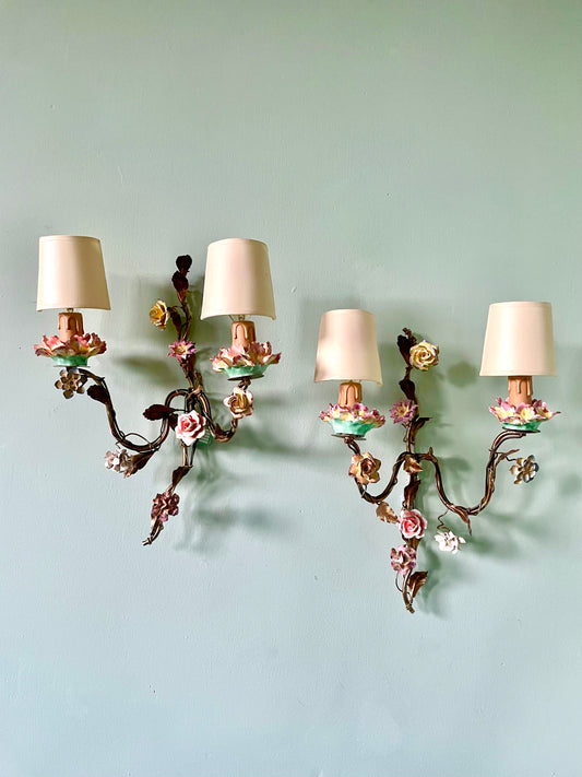 Late C19th French Gilt Tole & Porcelain Wall Lights