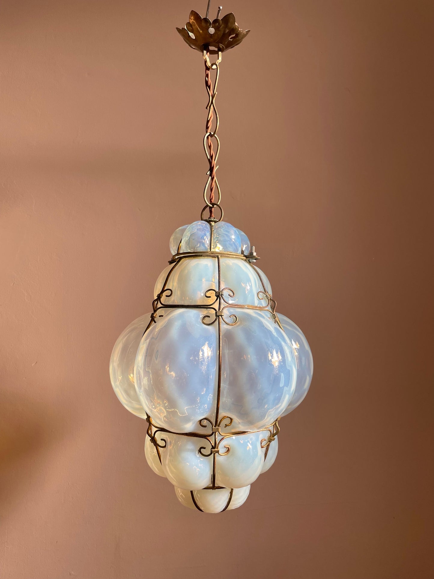1960s Seguso Murano Opaline Glass Cage Light