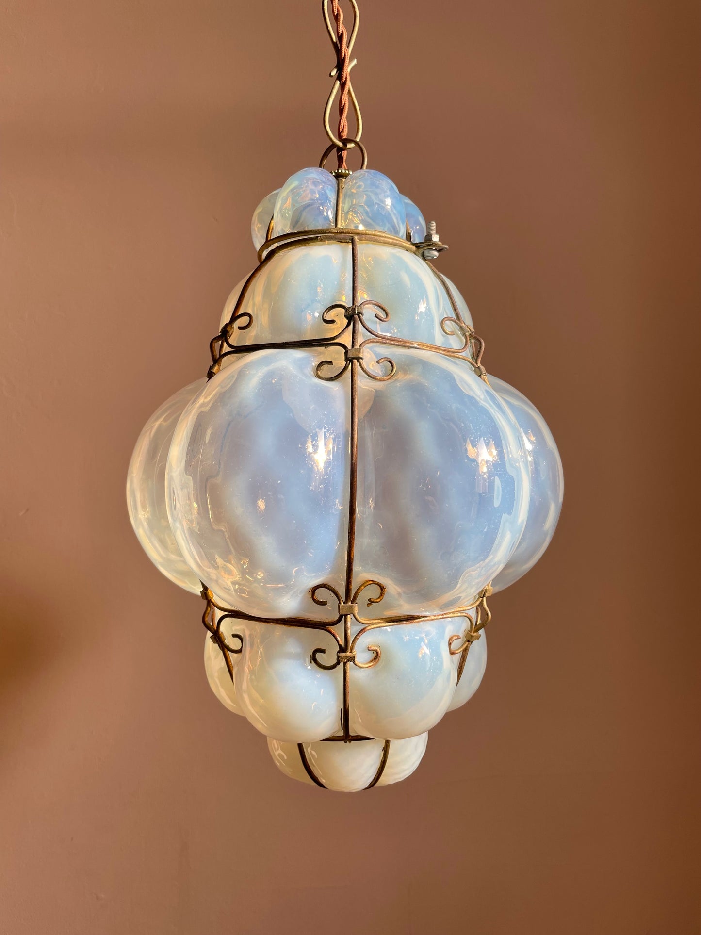 1960s Seguso Murano Opaline Glass Cage Light