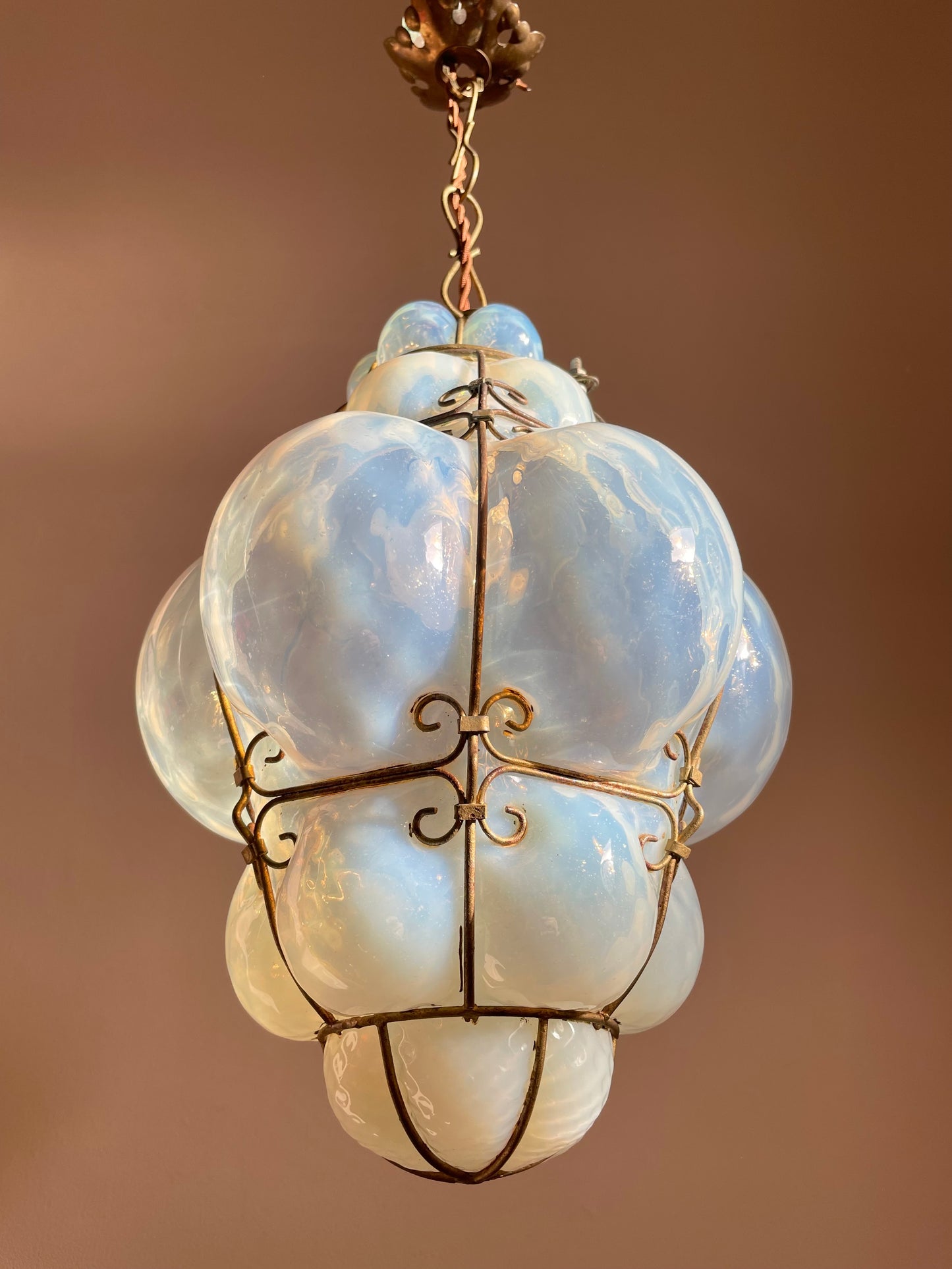 1960s Seguso Murano Opaline Glass Cage Light